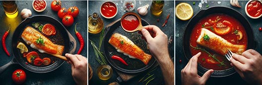 collage de unas manos friendo bacalao con salsa roja